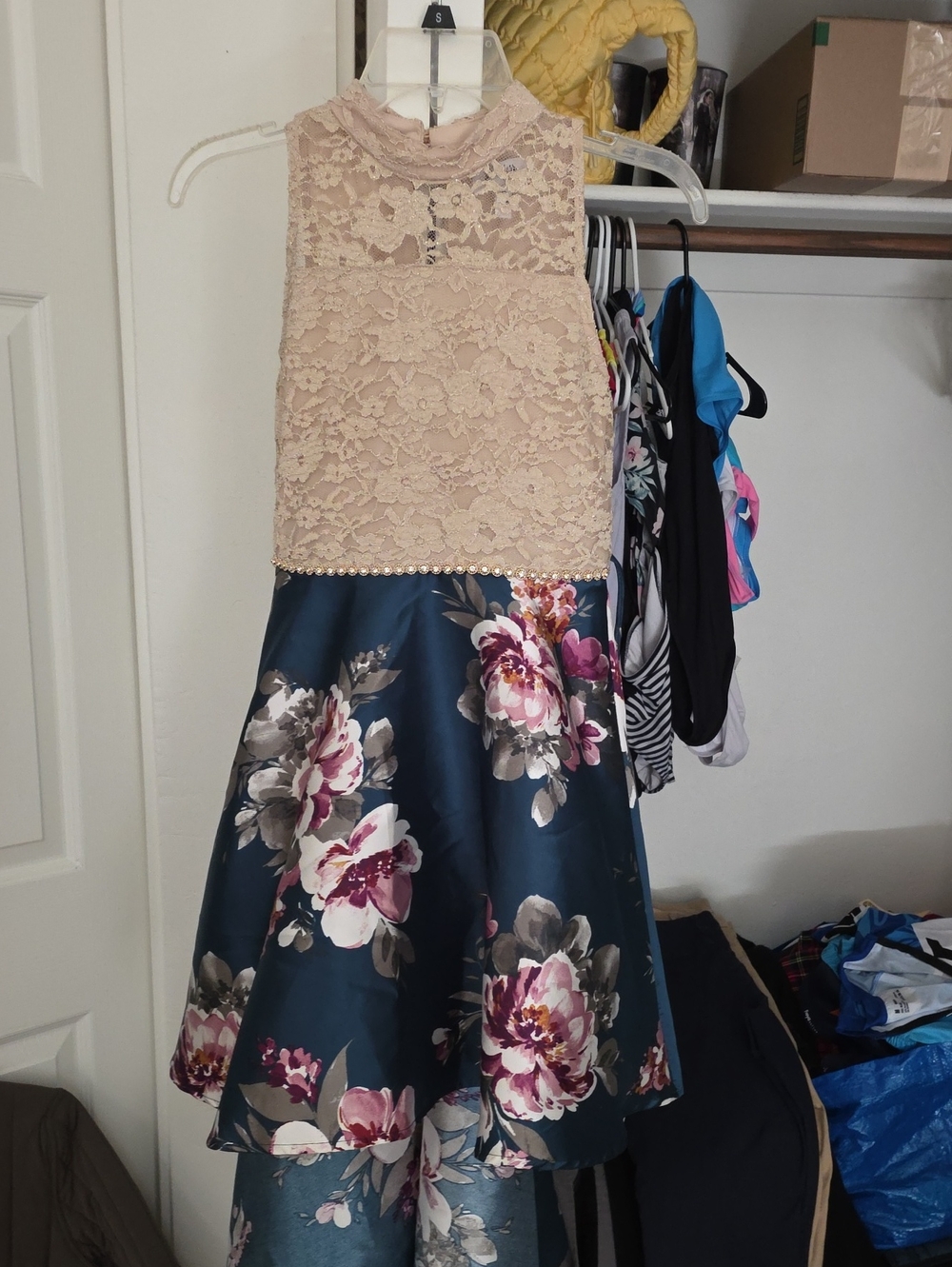 Speechless Blush Lace High-Neck Dress with Navy Floral Satin Skirt